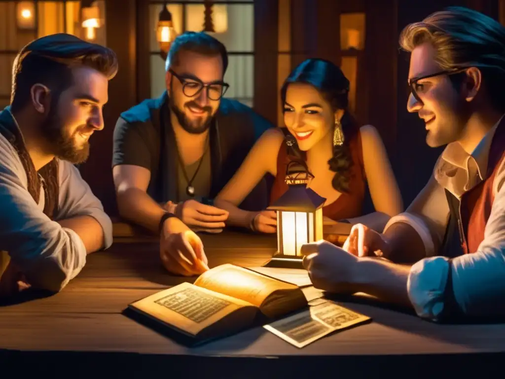 Un grupo de amigos disfrutando de un juego de rol alrededor de una mesa vintage, iluminados por una cálida lámpara. La escena está llena de emoción y concentración, creando una atmósfera inmersiva para Ascenso juegos de rol pantalla.