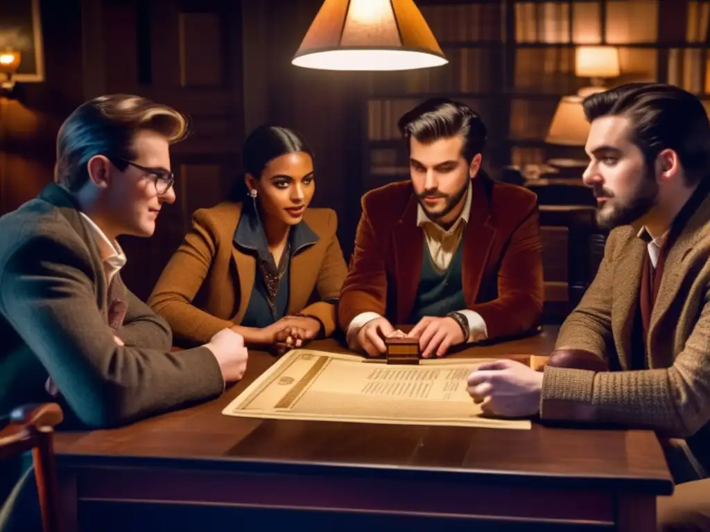 Un grupo de amigos disfrutando de un juego de rol alrededor de una mesa de madera vintage. <b>La habitación está iluminada con una luz cálida que resalta la atmósfera nostálgica.</b> El maestro del juego, con su chaqueta de tweed y gafas, narra una escena crucial en