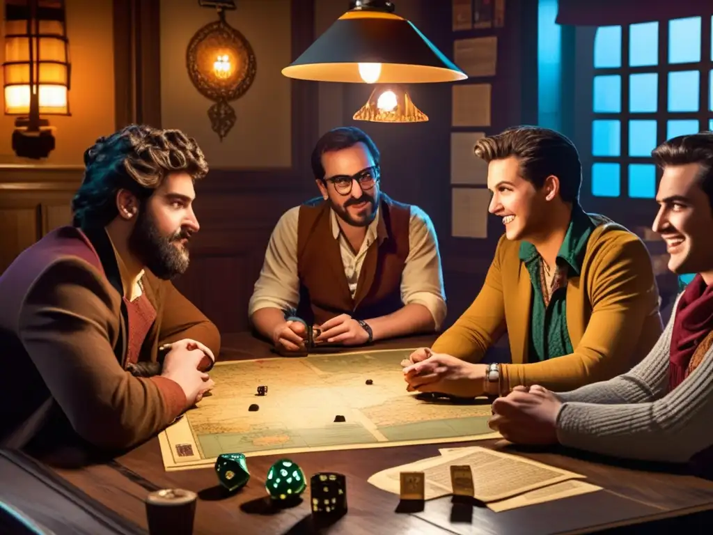 Un grupo de amigos disfruta de un juego de rol alrededor de una mesa vintage, sumergidos en la atmósfera retro. <b>Influencia del juego de rol.