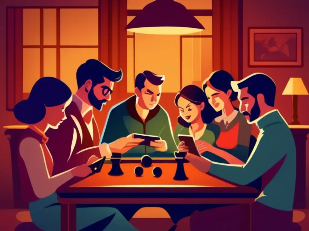 Un grupo de amigos se concentra en juegos de estrategia en dispositivos móviles en una habitación acogedora y con una estética vintage.