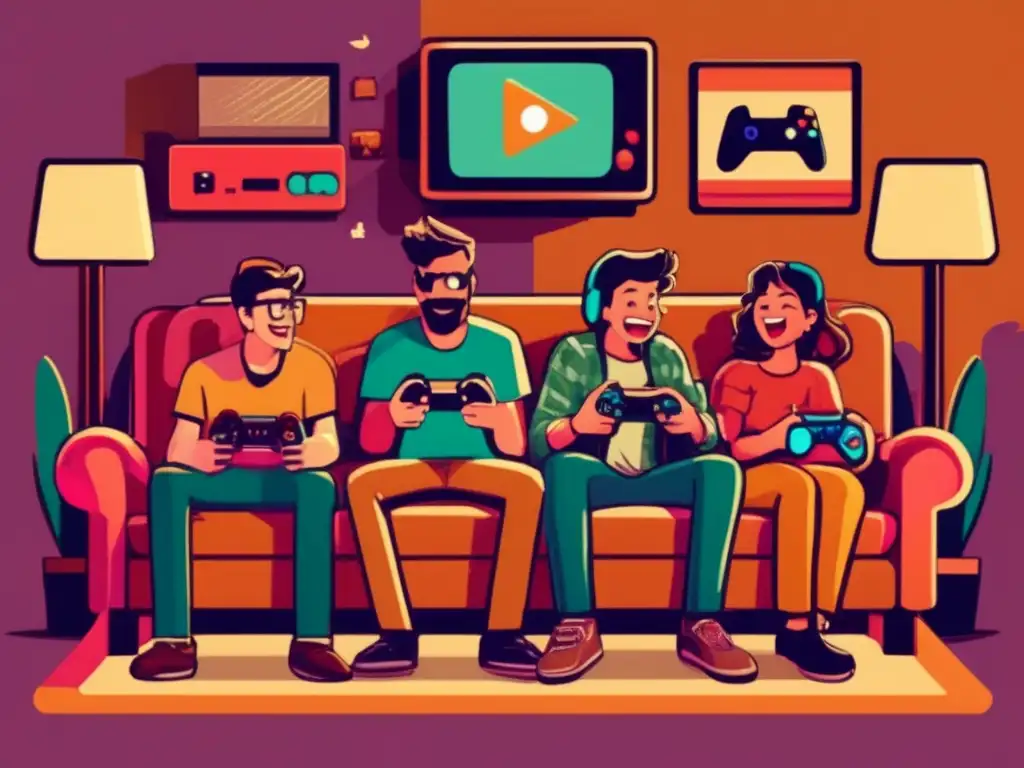 Un grupo de amigos disfruta juntos de los videojuegos en un ambiente nostálgico, reflejando el impacto cultural de los videojuegos.
