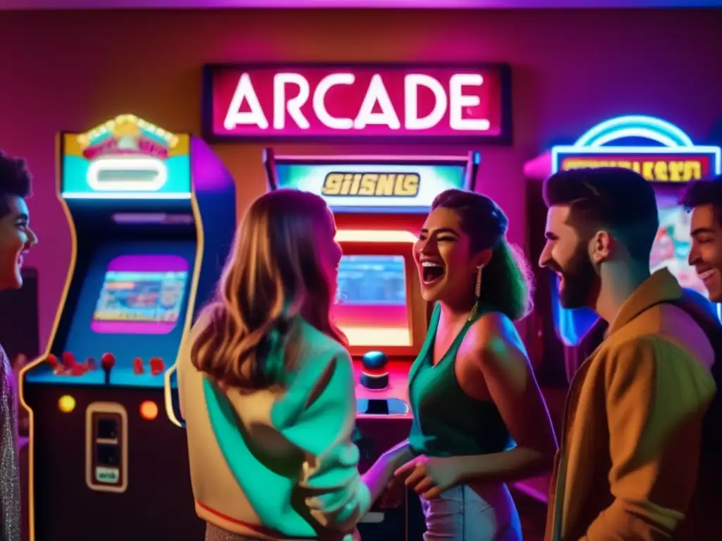 Un grupo de amigos se reúne alrededor de una máquina arcade vintage, con rostros iluminados por la pantalla mientras compiten en un juego amistoso. El ambiente retro y la camaradería capturan el impacto cultural y social de los juegos en la nube.