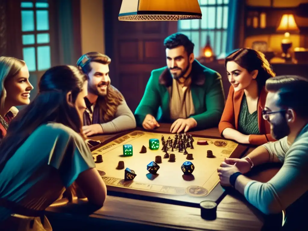 Un grupo de amigos se reúne alrededor de una mesa para jugar un emocionante juego de rol, evocando el impacto cultural de los juegos de rol.