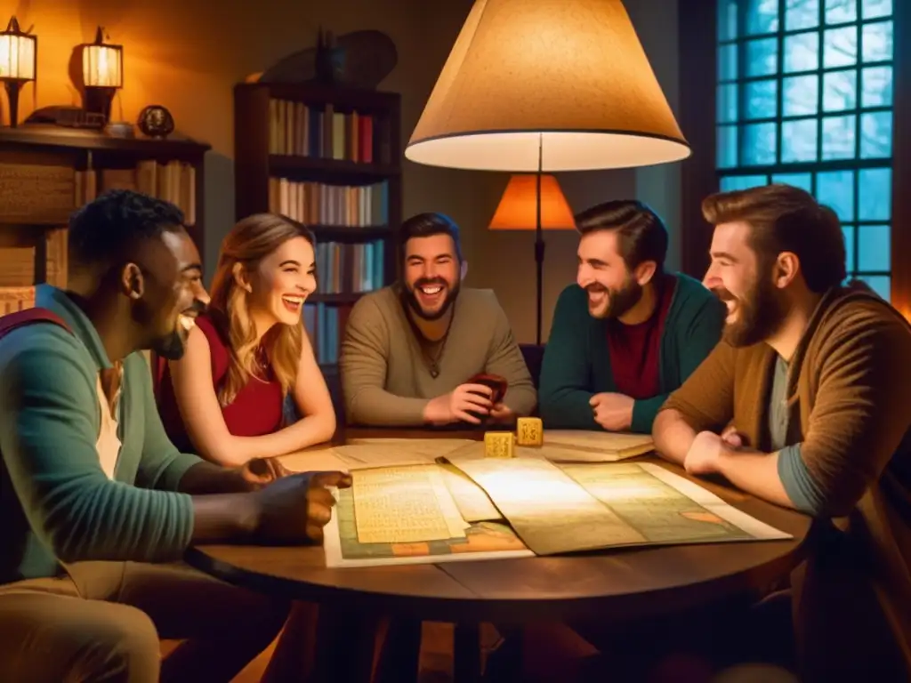 Un grupo de amigos disfruta de una partida de Dungeons & Dragons en un ambiente nostálgico y acogedor, evocando la narrativa oral en juegos de rol.