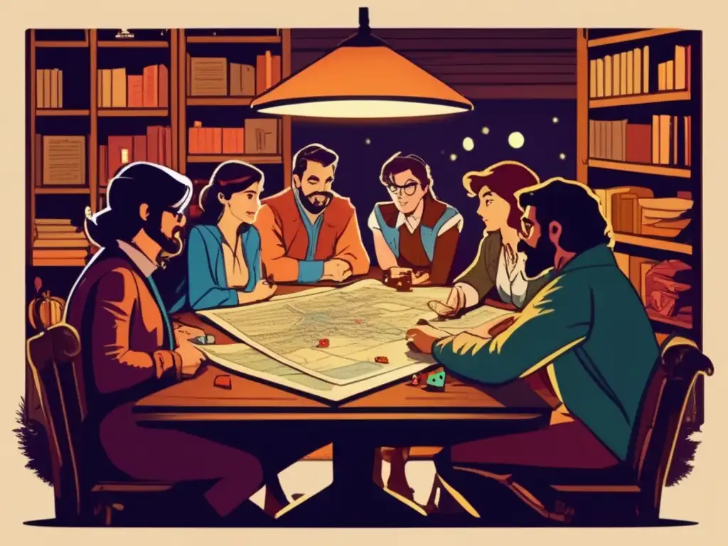 Un grupo de amigos se reúne en una partida de Dungeons & Dragons, rodeados de mapas y dados vintage. La atmósfera nostálgica evoca el legado histórico de Dungeons & Dragons.