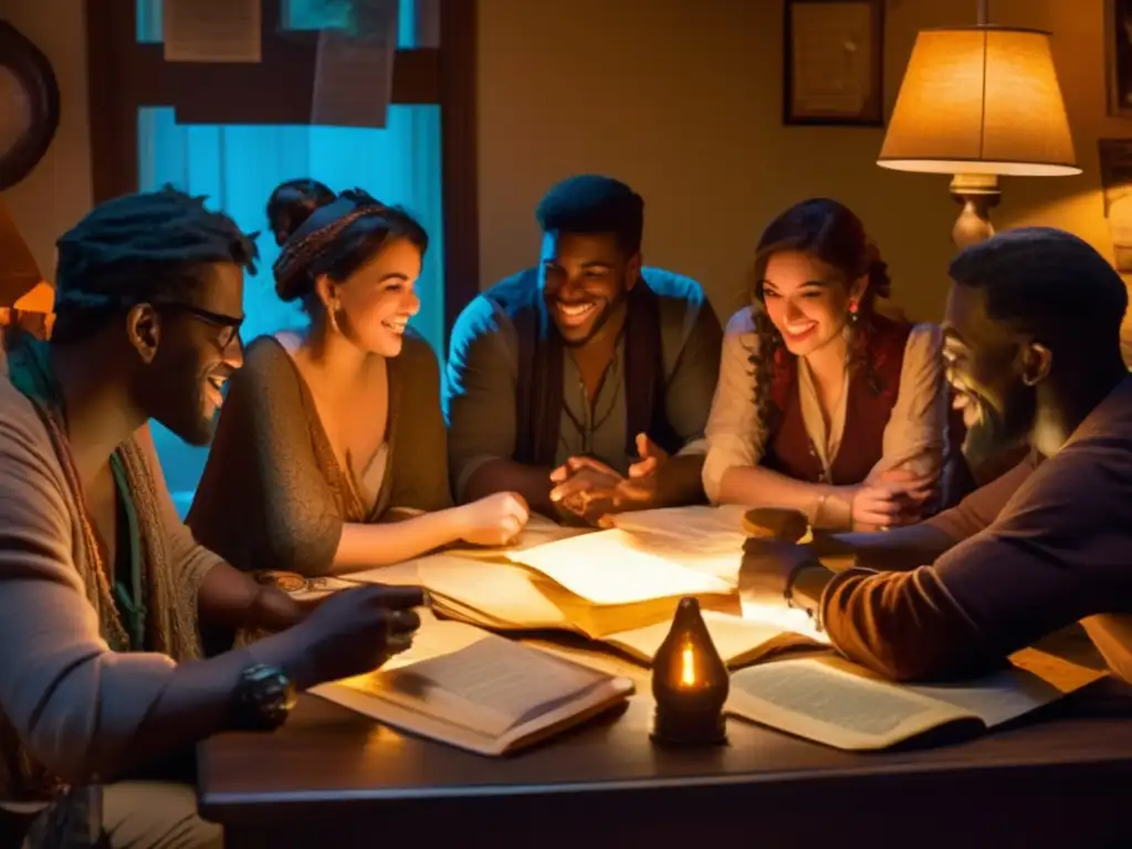 Un grupo de amigos construyendo personajes en juegos de rol, inmersos en una animada sesión alrededor de una mesa llena de papeles y dados, iluminados por una cálida lámpara vintage.