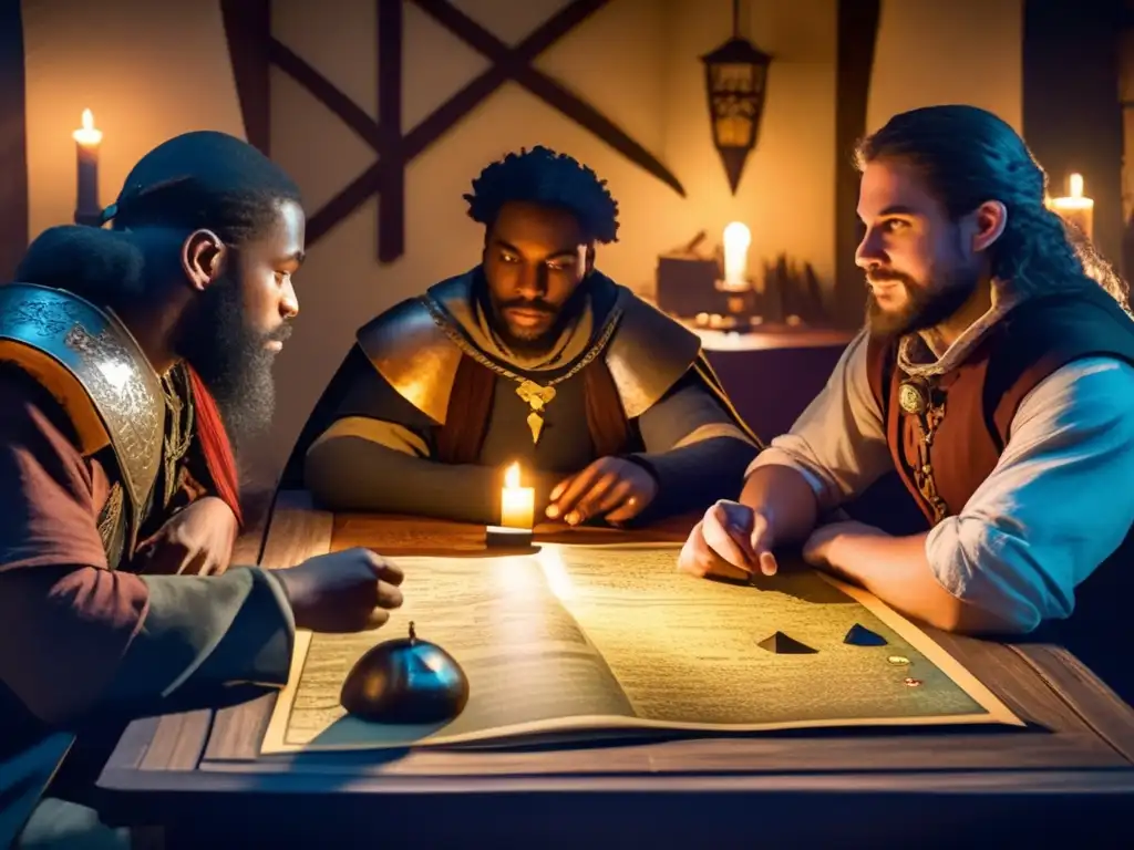 Un grupo de amigos construyendo personajes en juegos de rol, inmersos en una partida de fantasía medieval a la luz de las velas.