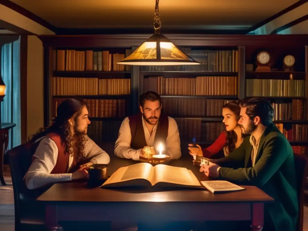 Un grupo de amigos juega rol en una habitación vintage iluminada por una vela. Evoca la evolución de juegos de rol y literatura fantástica.