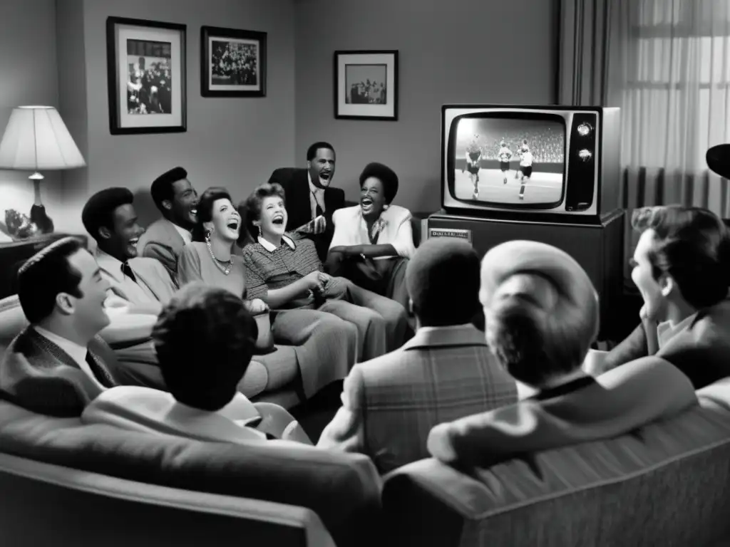 Un grupo de amigos vestidos con atuendos de los años 80 se reúnen alrededor de un antiguo televisor para ver un evento deportivo en vivo, capturando el impacto cultural de las transmisiones en vivo.