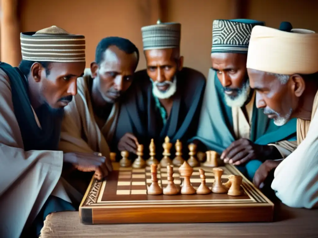 Un grupo de ancianos somalíes juega ajedrez en un entorno tradicional, mostrando la influencia cultural del ajedrez somalí.