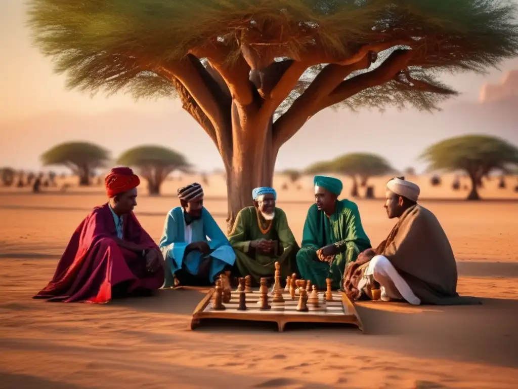 Un grupo de ancianos somalíes juega Shax bajo un árbol. <b>La escena evoca la influencia cultural del ajedrez somalí.