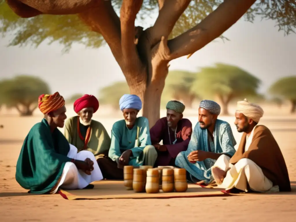 Un grupo de ancianos somalíes juega Shax bajo un árbol. <b>Sus rostros reflejan concentración y alegría.</b> <b>Influencia cultural del ajedrez somalí.