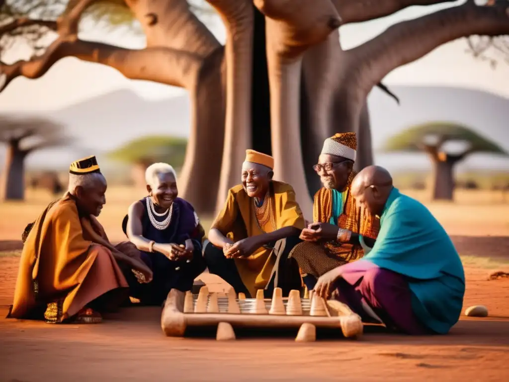 Un grupo de ancianos tanzanos juega Bao bajo un baobab, exudando la tradición de los juegos tradicionales de Tanzania.