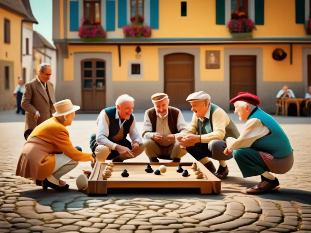 Un grupo de ancianos juega a la calva en una pintoresca plaza europea. <b>La imagen transmite la esencia del deporte tradicional y la camaradería.