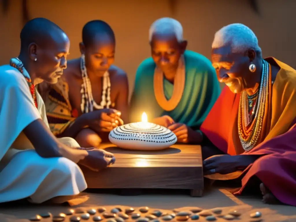 Un grupo de ancianos swahili se reúnen alrededor de conchas de caracol en un ritual de adivinación tradicional, iluminados por la suave luz de las velas. El ambiente es de reverencia y sabiduría, reflejando la autenticidad de la cultura swahili y sus