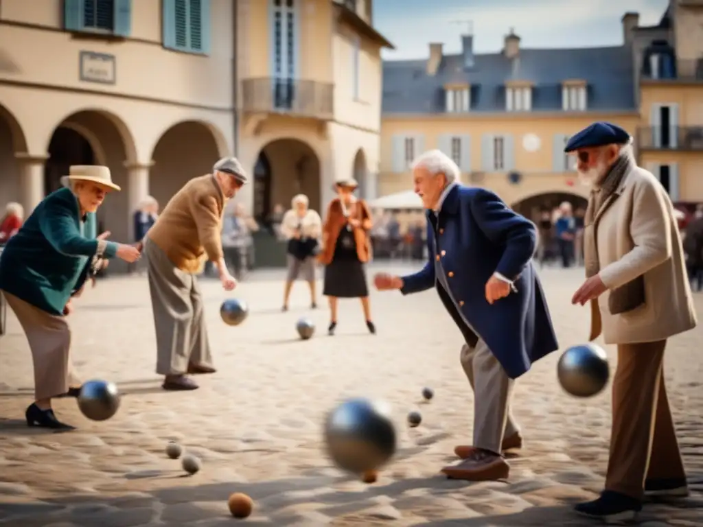 Un grupo de ancianos franceses juega petanca en una plaza empedrada, evocando la nostalgia y el símbolo cultural francés del juego de petanca.