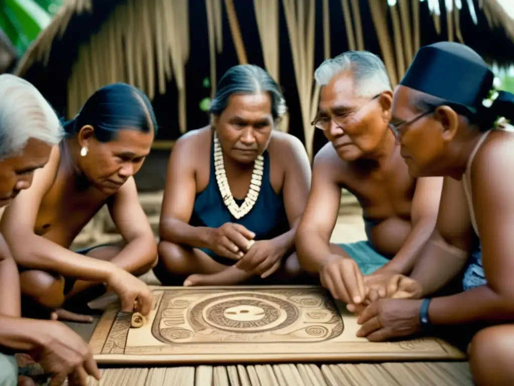 Un grupo de ancianos de Micronesia se concentra en un juego artesanal, mostrando el impacto cultural de los juegos de estrategia en Micronesia.