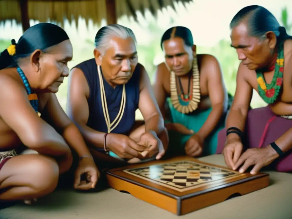 Un grupo de ancianos micronesianos concentrados en un juego tradicional de estrategia. <b>Impacto cultural de los juegos de estrategia en Micronesia.