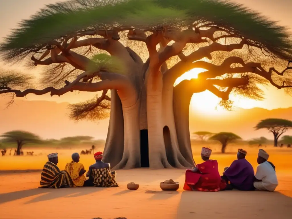 Un grupo de ancianos mozambiqueños juega Ntchuva bajo un baobab centenario al atardecer. <b>Detalles nítidos y cálida luz dorada.</b> <b>Origen y significado cultural de Ntchuva.