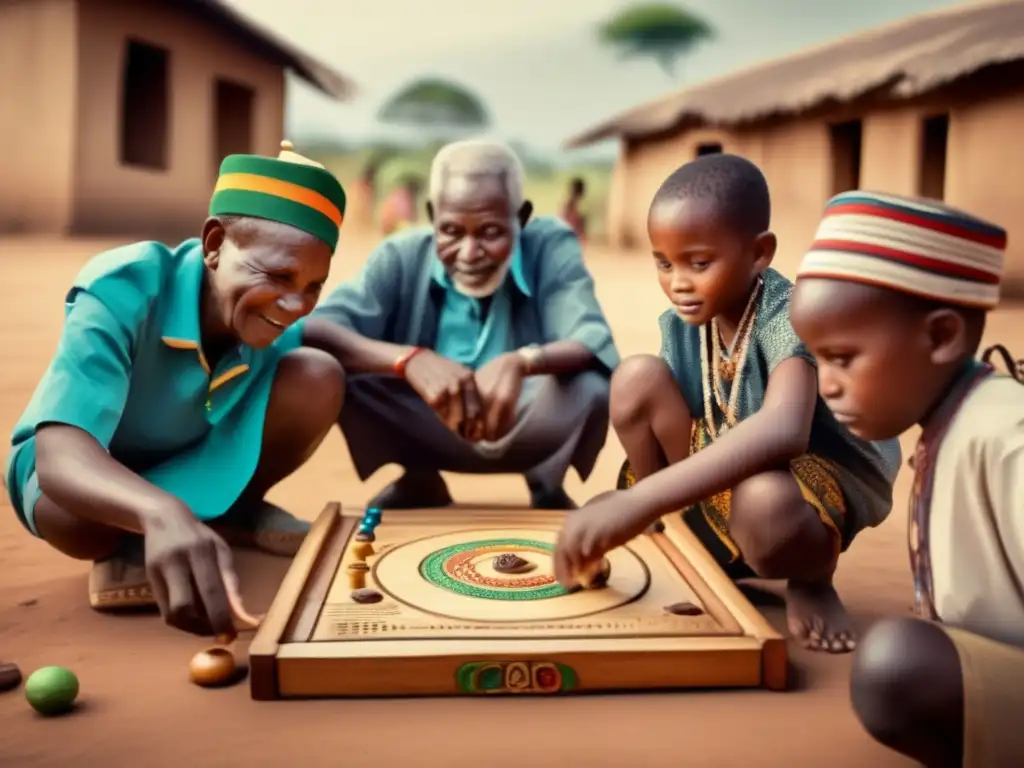 Un grupo de ancianos y niños de Tanzania juega al Bao en una aldea, mostrando la importancia social de los juegos tradicionales de Tanzania.