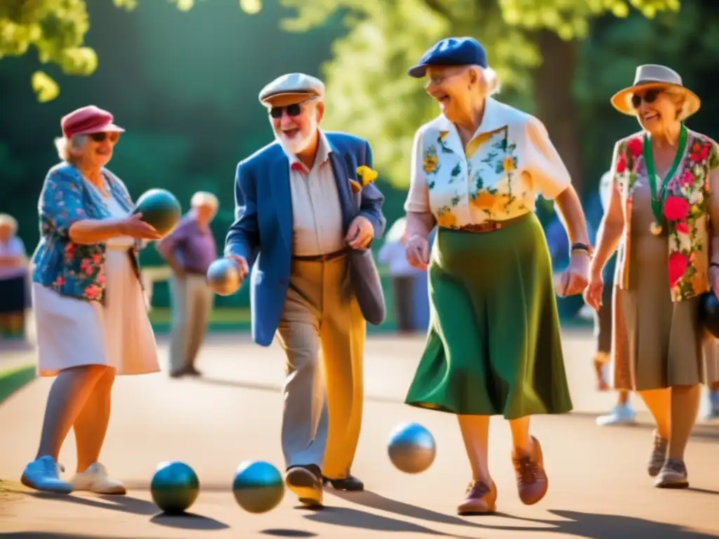 Un grupo de ancianos disfrutando de una partida de petanca en un parque soleado, rodeados de naturaleza exuberante y vestidos con ropa vintage. <b>La escena evoca la historia y evolución de la petanca en América.