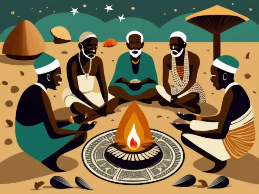 Un grupo de ancianos swahili realizando un ritual de adivinación con caracoles, evocando la mística y cultural de los oráculos swahili.