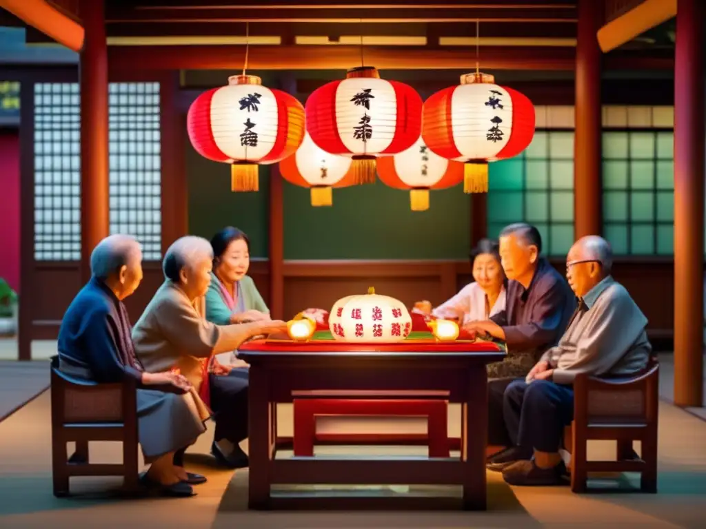 Un grupo de ancianos disfrutando del significado cultural del juego Mahjong en un ambiente tradicional chino.