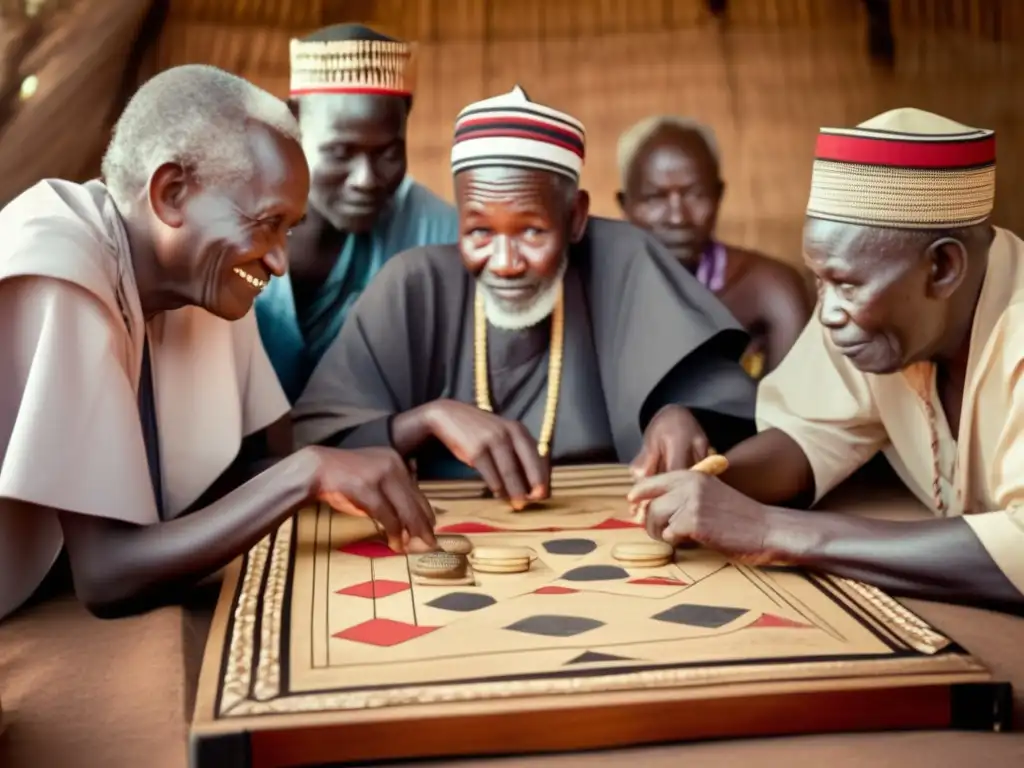 Un grupo de ancianos ugandeses juega Omwe, reflejando el legado del antiguo juego estrategia ugandés.