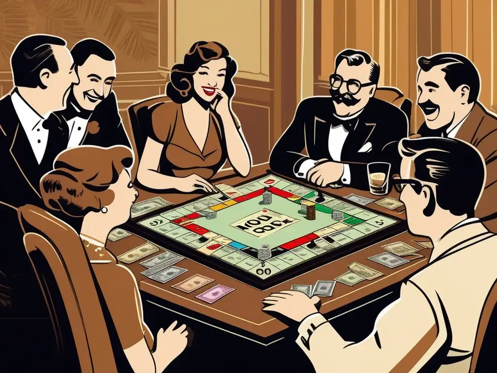 Un grupo animado juega Monopoly alrededor de la mesa, con el tablero y el dinero colorido frente a ellos. La escena vintage irradia encanto nostálgico, capturando la emoción de aprender conceptos financieros a través de juegos.