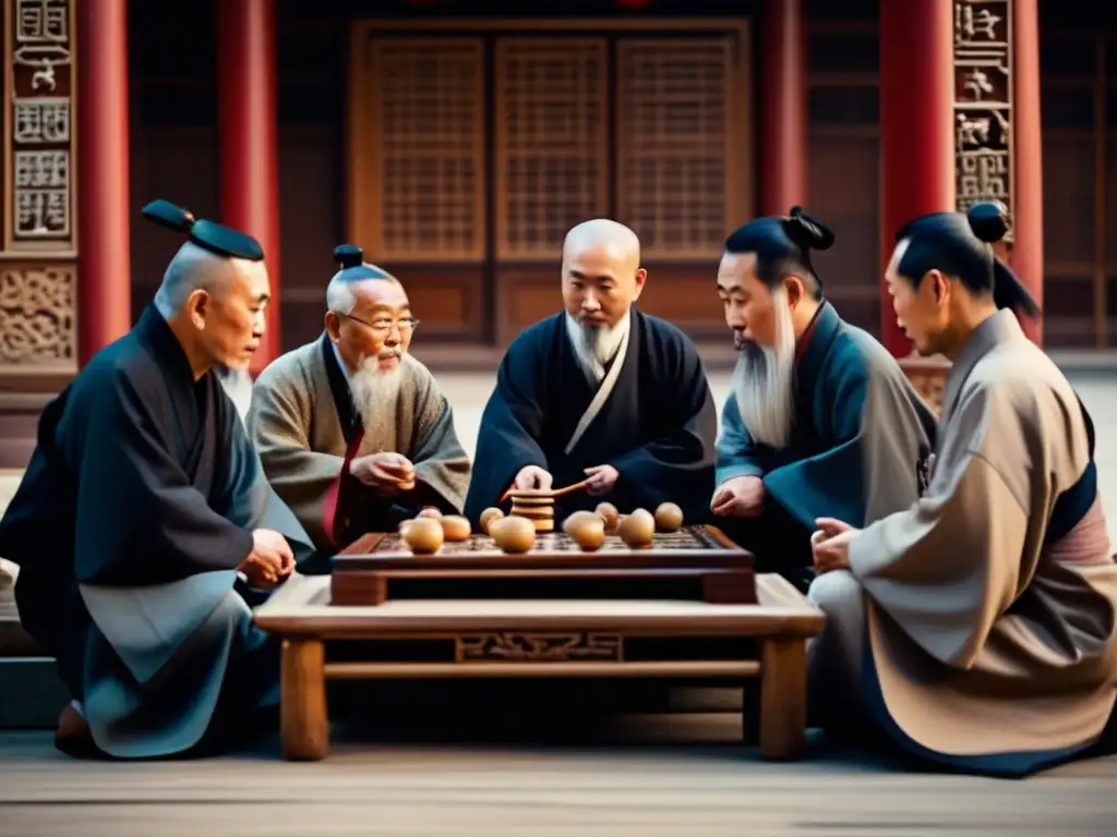 Un grupo de antiguos sabios chinos juega Go en un entorno tradicional, reflejando la historia y el impacto cultural del juego.