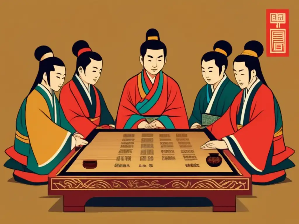 Un grupo de antiguos sabios chinos concentrados en el juego de Liubo, en un entorno sereno y contemplativo. <b>Origen e historia del Liubo chino.