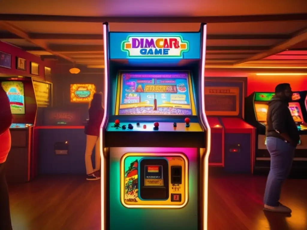 Un grupo apasionado discute el reconocimiento cultural de los videojuegos alrededor de una colorida máquina arcade vintage en una habitación cálidamente iluminada por las pantallas de los juegos.