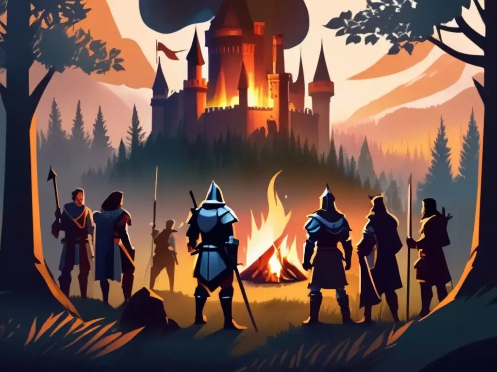 Un grupo de aventureros se prepara alrededor de una fogata en un bosque, listos para una épica narrativa de juegos de rol históricos.