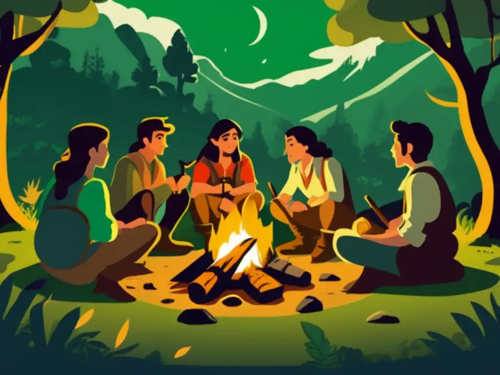 Un grupo de aventureros se reúne alrededor de una fogata en un bosque místico, evocando la evolución narrativa de los RPG clásicos.
