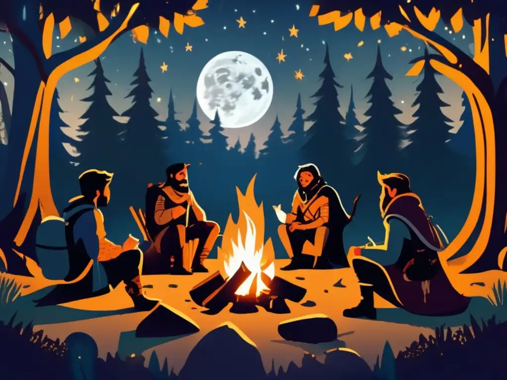 Un grupo de aventureros reunidos alrededor de una fogata en un bosque encantado, con la palabra clave 'Reinvención narrativa en juegos de rol'.