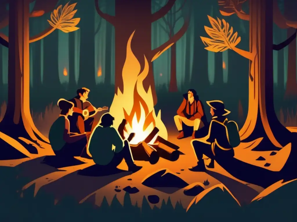 Un grupo de aventureros reunidos alrededor de una fogata en un bosque misterioso, con la palabra clave 
