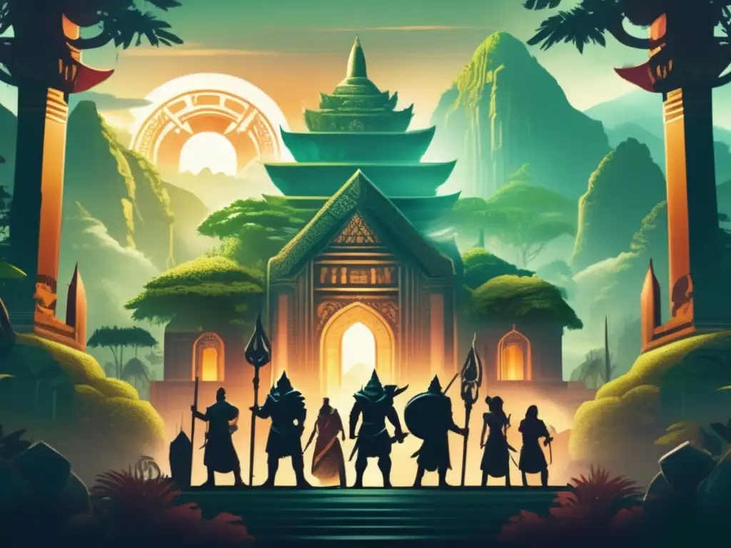 Un grupo de aventureros triunfantes frente a un antiguo templo, rodeados de naturaleza mística y montañas. Impacto cultural de Baldur's Gate.