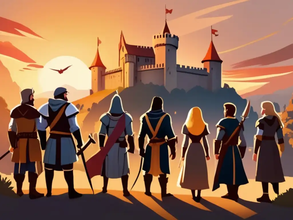 Un grupo de aventureros celebra su victoria frente a un imponente castillo medieval al atardecer. <b>Narrativa de juegos de rol históricos.