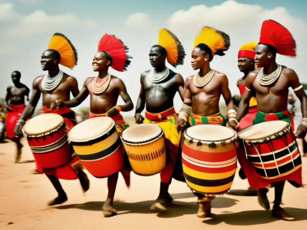 Un grupo de bailarines africanos con trajes tradicionales danzando al ritmo de tambores bajo el cielo abierto. <b>Importancia juegos ritmo danza África.