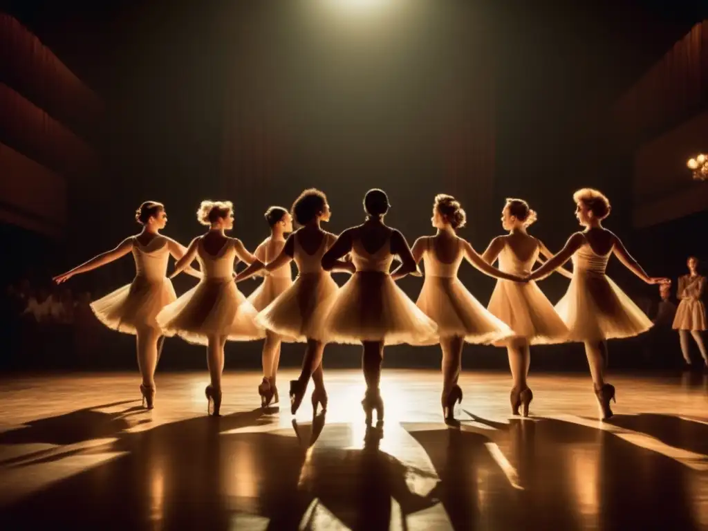 Un grupo de bailarines en una coreografía oculta en juegos rítmicos, con elegancia y misterio en un escenario a media luz.