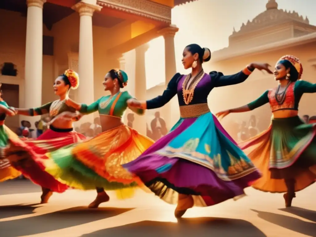 Un grupo de bailarines de diferentes culturas danzando en trajes tradicionales, simbolizando la simbiosis entre danza y juegos.