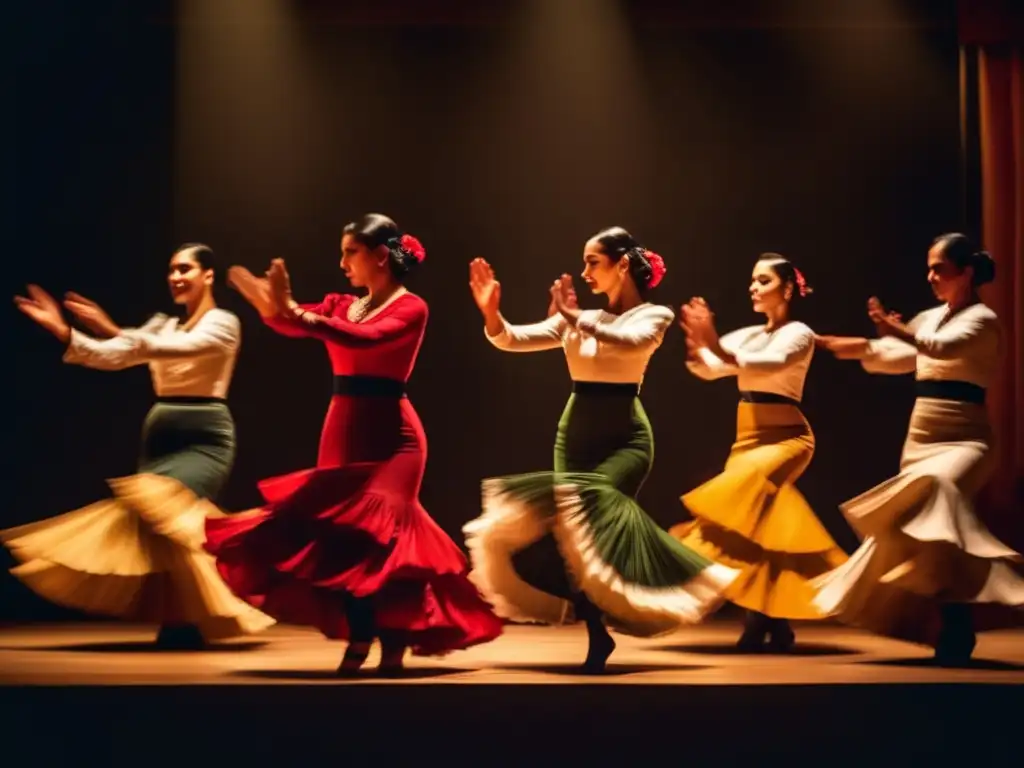 Un grupo de bailarines de flamenco en atuendo vintage, ejecutando el 
