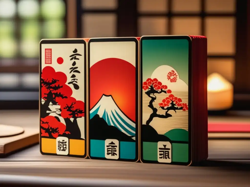 Un grupo de cartas tradicionales japonesas hanafuda, ilustradas con colores vibrantes y diseños intrincados, dispuestas en una mesa de madera vintage. La luz cálida crea una atmósfera nostálgica, evocando la historia y la tradición de los renacimiento juegos cartas tradicionales