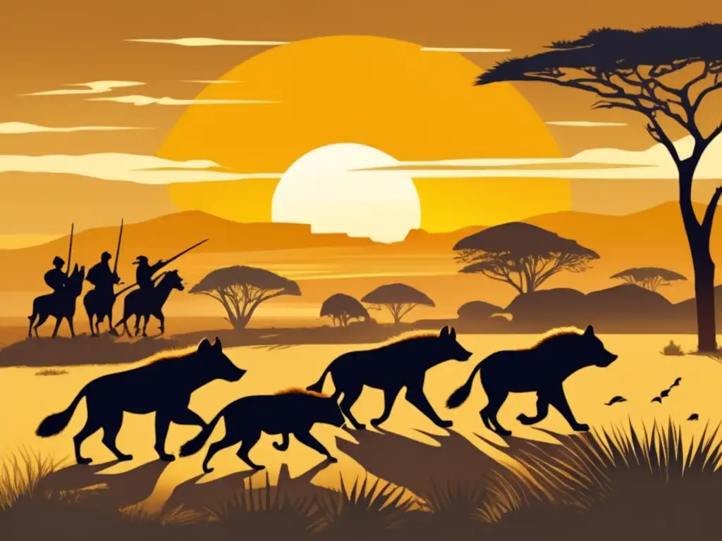 Un grupo de cazadores africanos sigilosamente rastreando una hiena en la sabana al atardecer. <b>Lecciones de caza en la sabana africana.