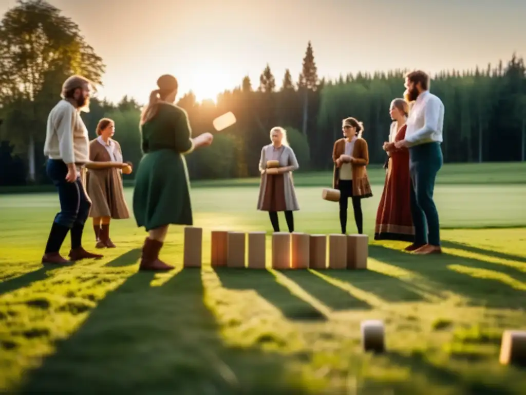 Un grupo concentradísimo juega Kubb vikingo en un prado verde. <b>Atmosfera tradicional y camaradería en juegos escandinavos.
