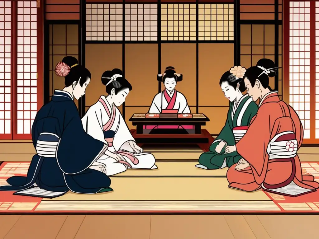 Un grupo concentrado juega Kyogi Karuta en un entorno tradicional japonés, mostrando la historia y el impacto cultural de los juegos.