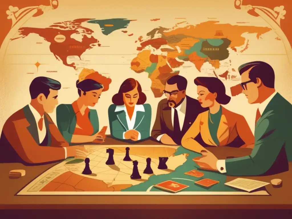Un grupo concentrado juega Risk en una ilustración vintage. <b>La atmósfera nostálgica y la estrategia global se entrelazan.