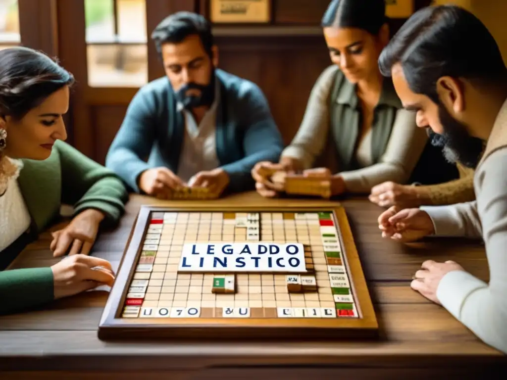 Un grupo concentrado juega Scrabble, rodeado de libros antiguos y decoración vintage. <b>La atmósfera evoca un legado lingüístico del juego Scrabble.