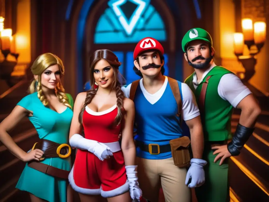 Un grupo de cosplayers interpretando a icónicos personajes de videojuegos en un escenario vintage con disfraces detallados y creativos. <b>Creatividad en el disfraz de cosplay.