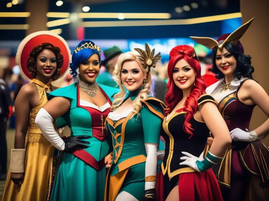 Un grupo de cosplayers posa con trajes vintage en una convención, mostrando la influencia del cosplay en juegos.